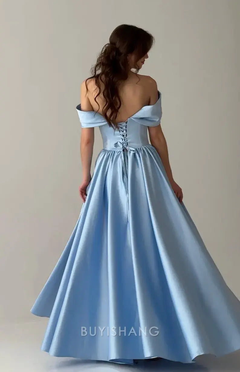 Elegant Off - Shoulder Satin Ball Gown Floor-Length with Lace - Up Back Prom Dresses